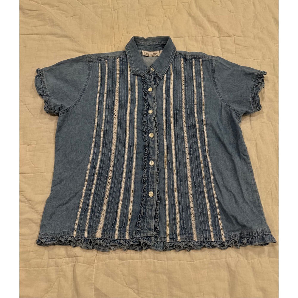 Casey & Max Blue Denim Lace Ruffle Pintuck Short Sleeve Shirt Blouse Large